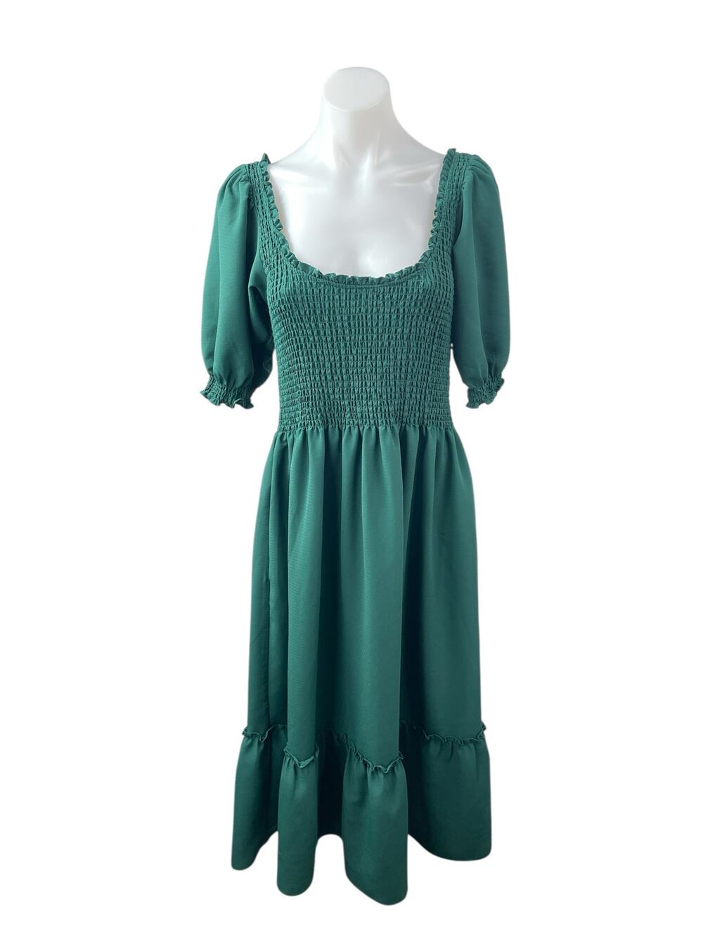 Hill House Home The Louisa Crepe Green Half Sleeve Smocked A Line Midi Dress M